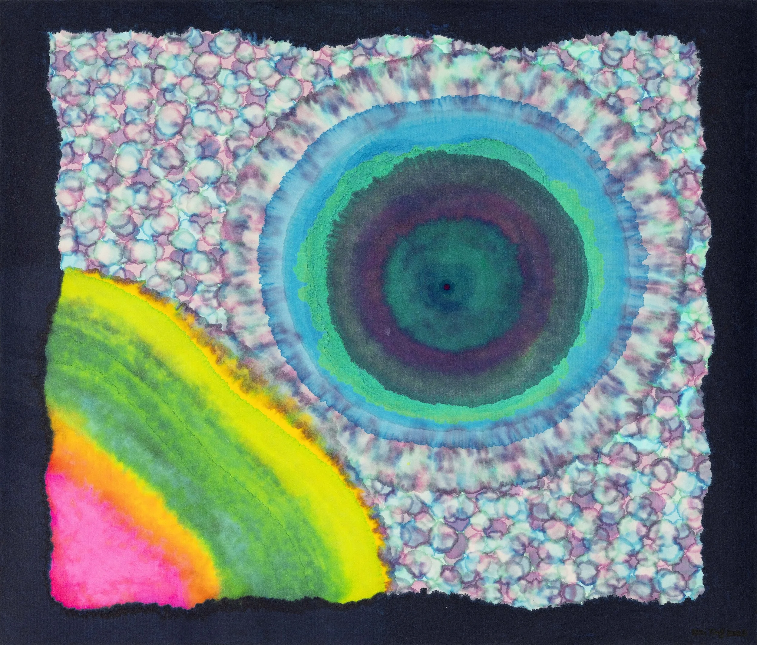Flower of Life 6, Chinese painting pigments, Japanese pigments, Acrylic, and Chinese xuan paper mounted on canvas,
45X52cm, 2026