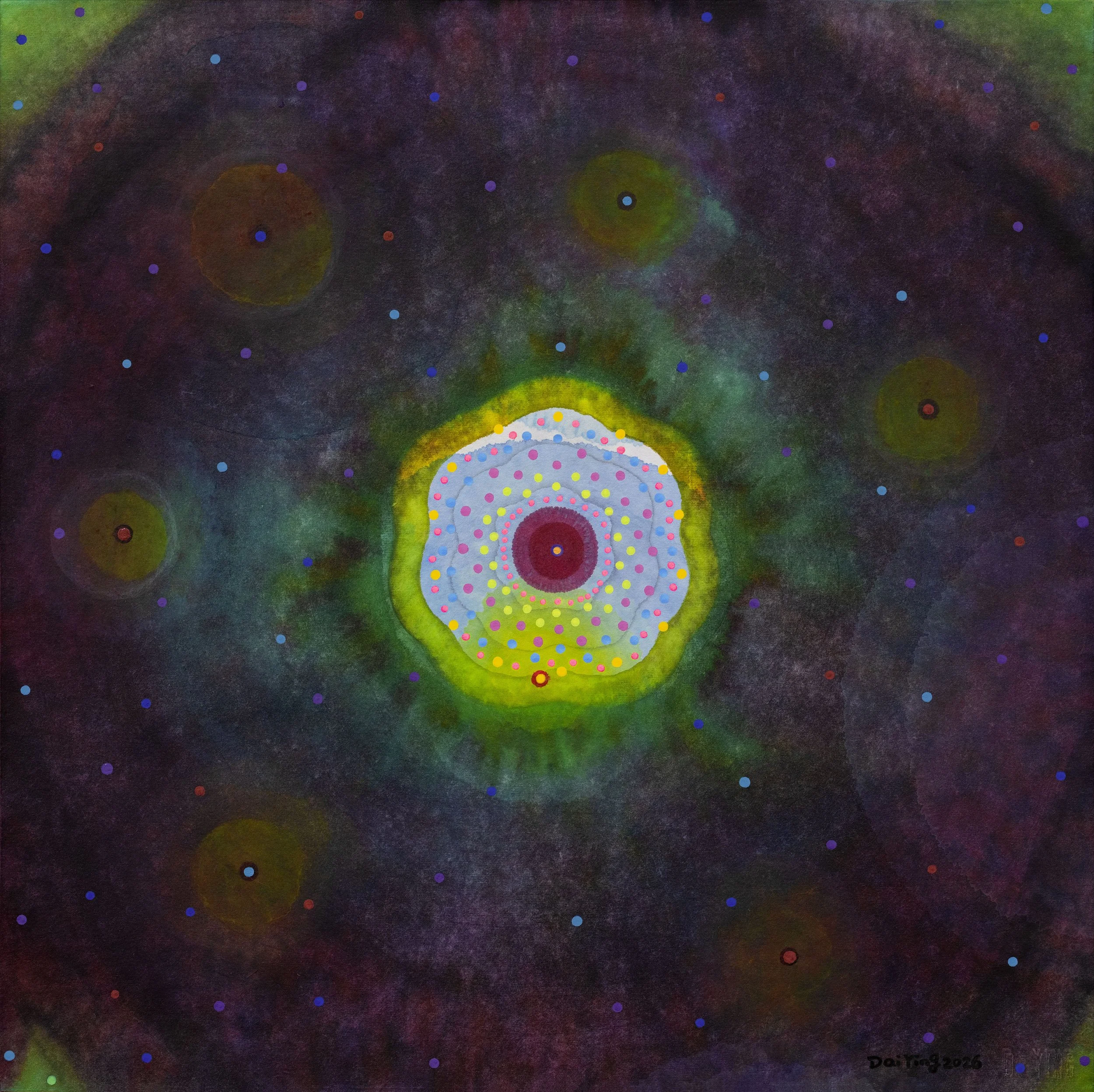 Flower of Life 9, Chinese painting pigments, Japanese pigments, Acrylic, and Chinese xuan paper mounted on canvas,
48X48cm, 2026
