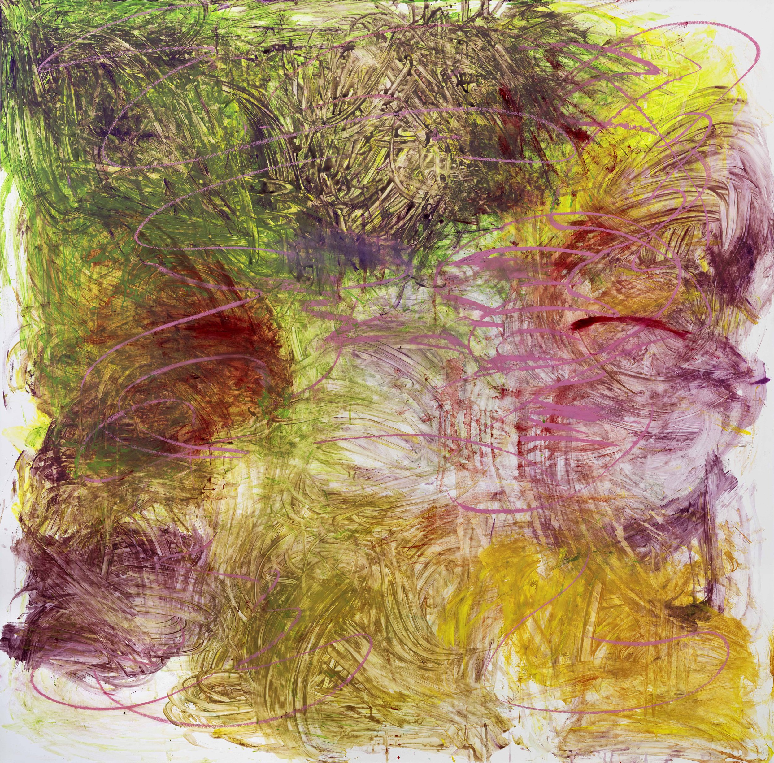 作品名称：Facing Gaia 01面对盖娅 01；材料：黄赭石、朱砂、丙烯颜料、油彩颜料、布面；尺寸：190×190c