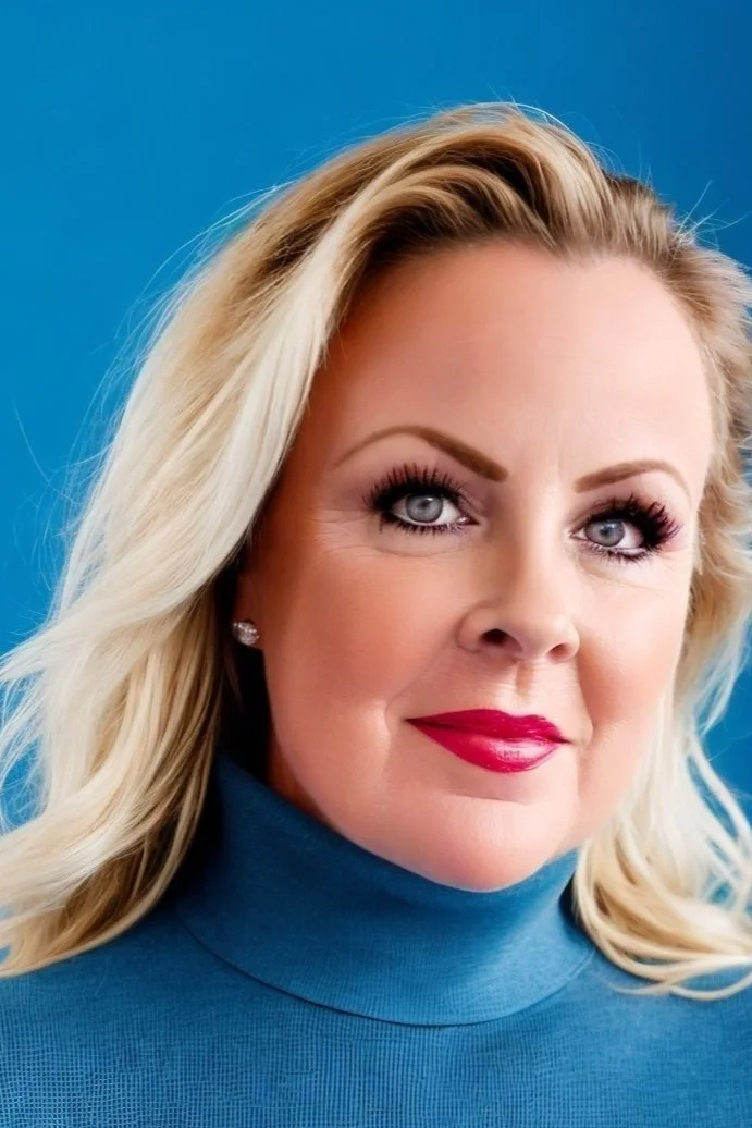 Close-up portrait of a blonde woman with blue eyes, wearing a blue turtleneck, red lipstick, and pearl earrings, against a blue background.