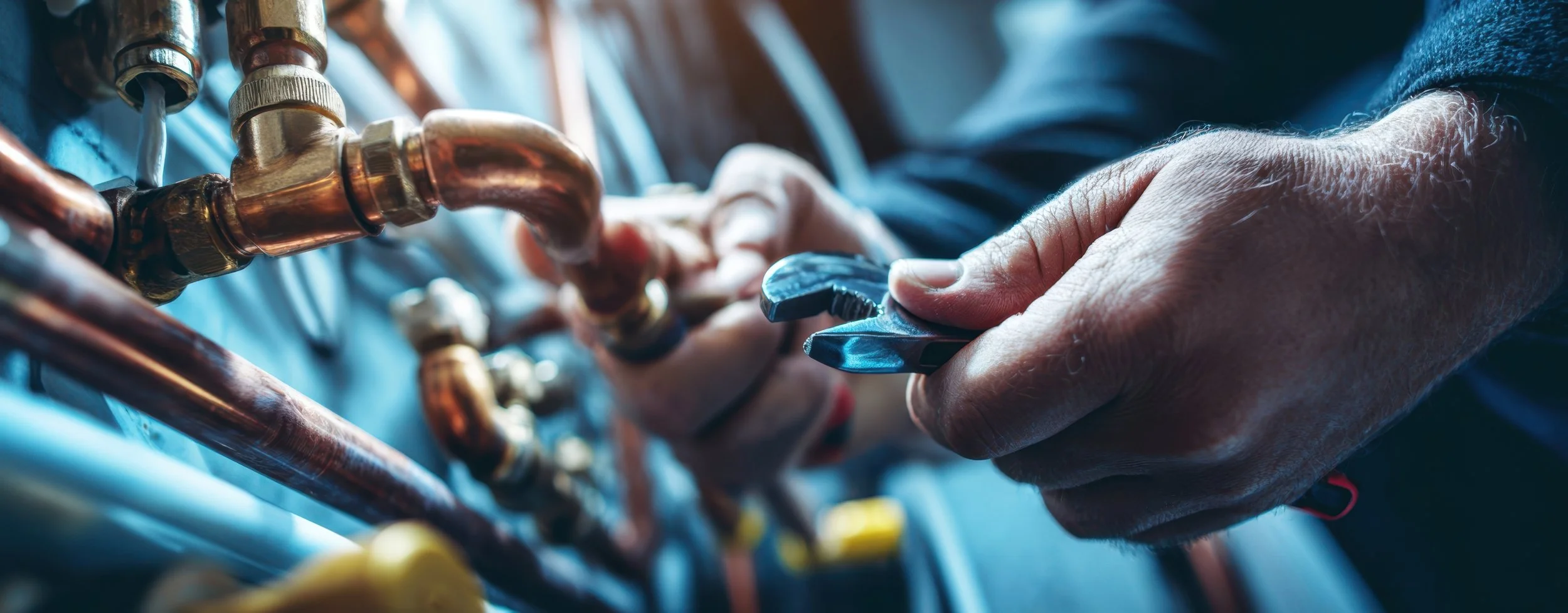 A person working on plumbing, using a wrench on copper pipes.