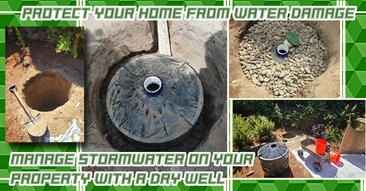 Installing a dry well. Including digging the hole, placing the 50 gallon dry well and adding drain rock with pop up emitter.