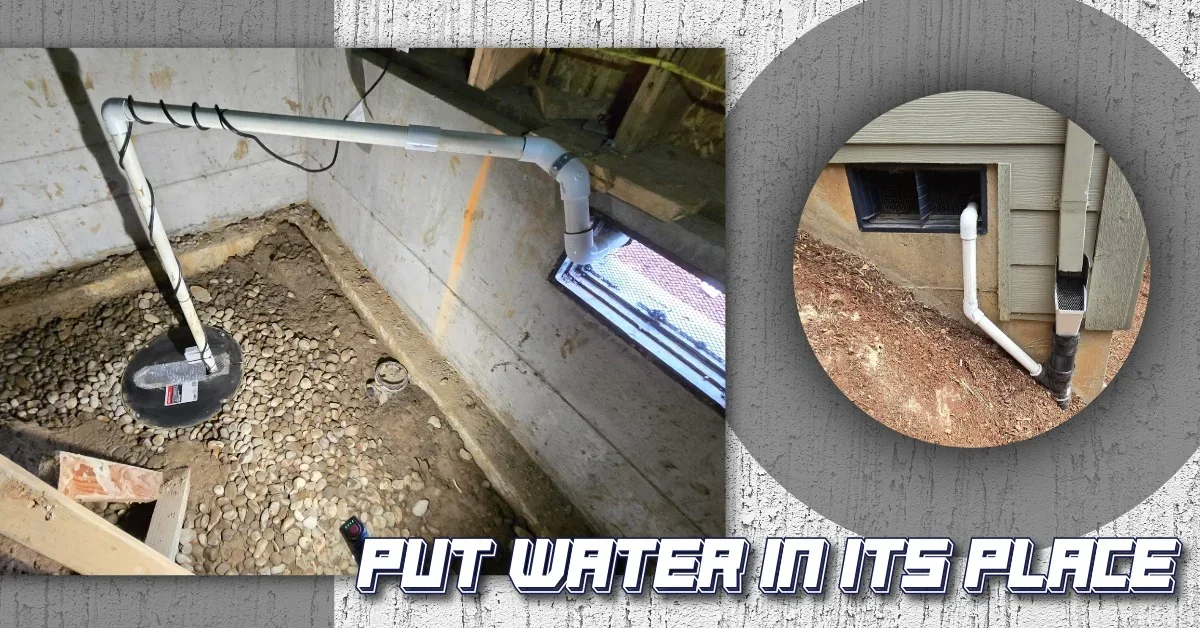 Installed sump pump system in a crawl space. Including evacuation of water into the existing rain drain plumbing.