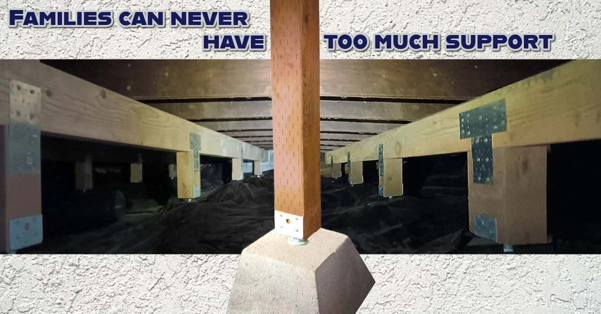 Post and beam support in the crawl space of a home. Constructed from choice lumber, concrete pier pads and metal brackets.