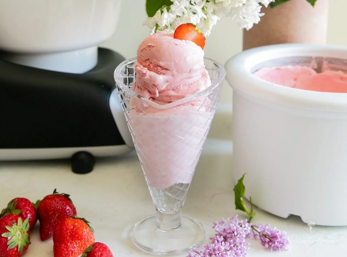 3 aineksen vegaaninen mansikka-kermajäätelö ja jäätelökakku (v,g)