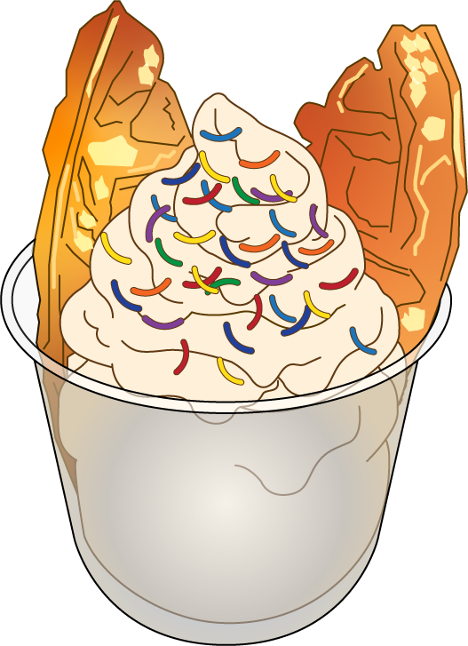A bowl of ice cream topped with rainbow sprinkles and two waffle cookies.