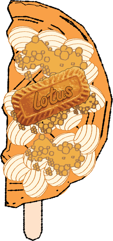 Illustration of a sweet potato topped with whipped cream, caramel popcorn, and a Lotus biscuit.