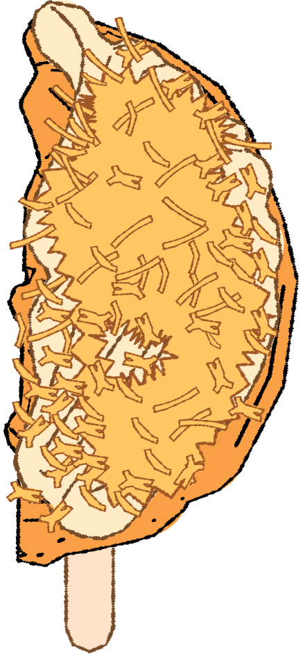 Illustration of a fried ice cream on a stick, coated with crushed nuts.