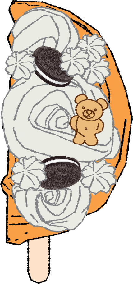 Illustration of an ice cream bar with vanilla ice cream, chocolate cookies, graham cracker, marshmallow flowers, and a small teddy bear figure.