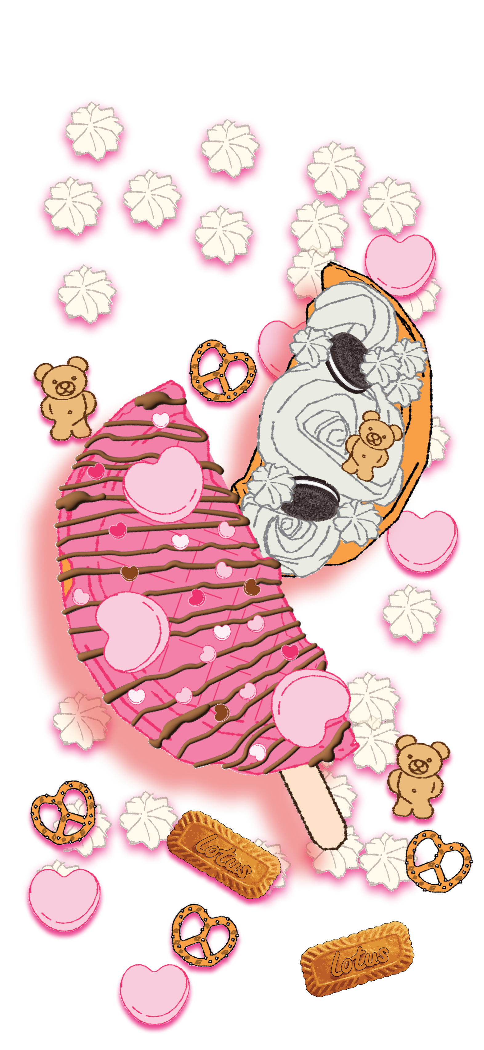 Ice cream sundae with pink ice cream, whipped cream, chocolate drizzle, pink heart-shaped candies, teddy bear decorations, flower-shaped treats, hearts, and pretzels