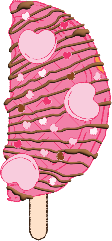 Chocolate ice cream cone with pink and white heart-shaped toppings, drizzled with chocolate sauce, on a pink background.