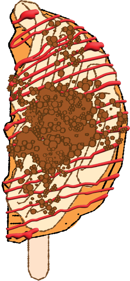 A scoop of vanilla ice cream topped with chocolate syrup and chocolate sprinkles.