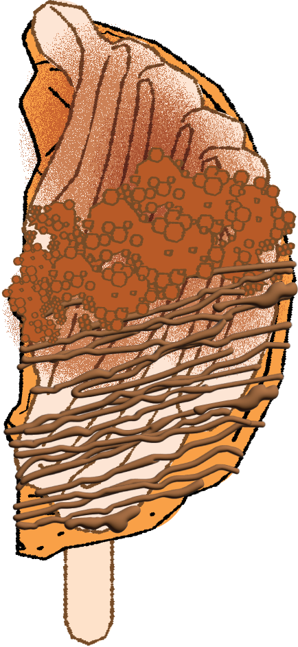 Ice cream bar with chocolate coating, topped with crushed cookies, chocolate drizzle, and a waffle cone piece on a stick.