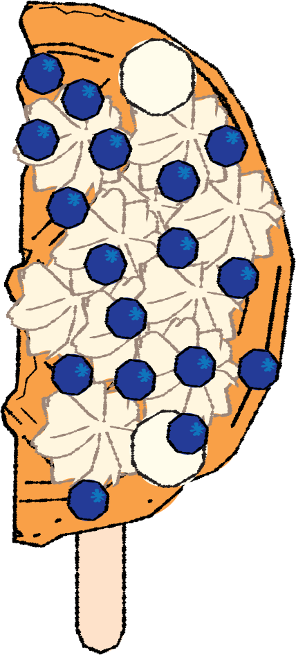 Illustration of a blueberry popsicle with blueberries and whipped cream on a cookie or biscuit