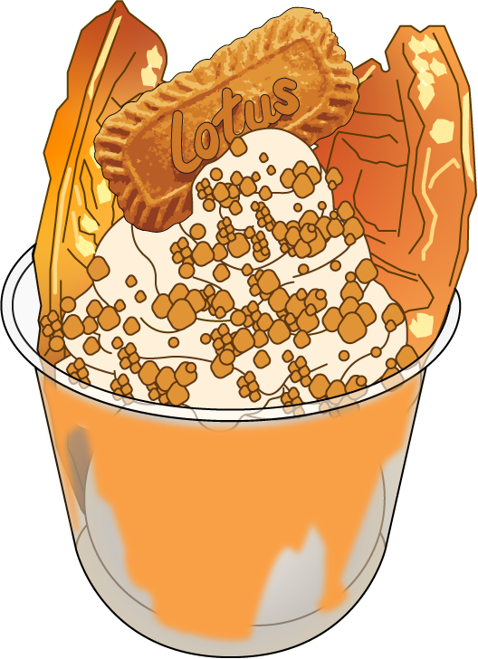 Ice cream sundae with vanilla ice cream, caramel crunch cookie, and caramel topping in a glass cup.