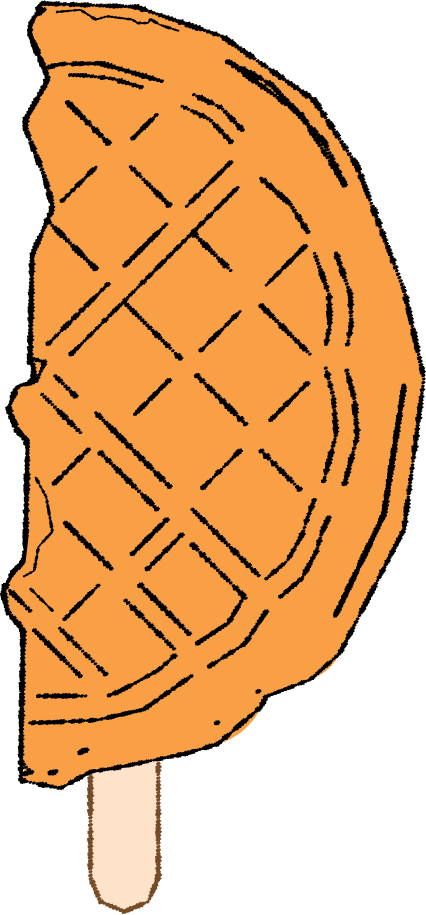 Illustration of a half-eaten caramel-colored ice cream bar on a stick with a waffle pattern.