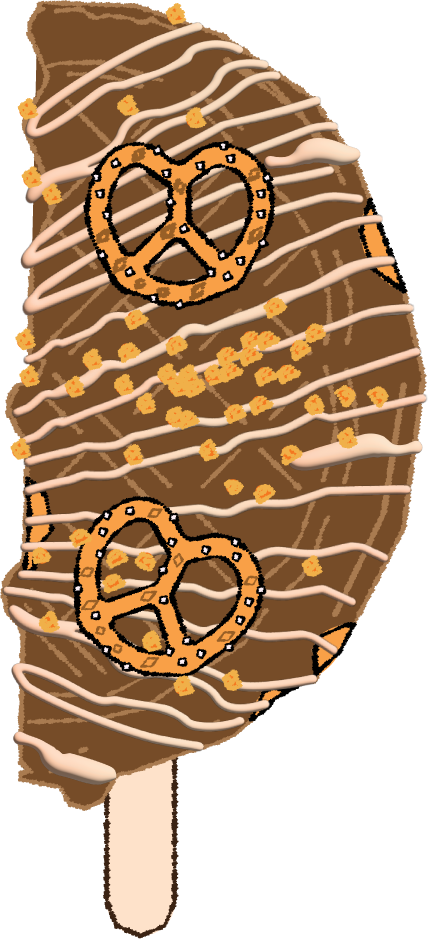 Chocolate ice cream bar topped with white chocolate drizzle, pretzels, and crushed butterscotch pieces.