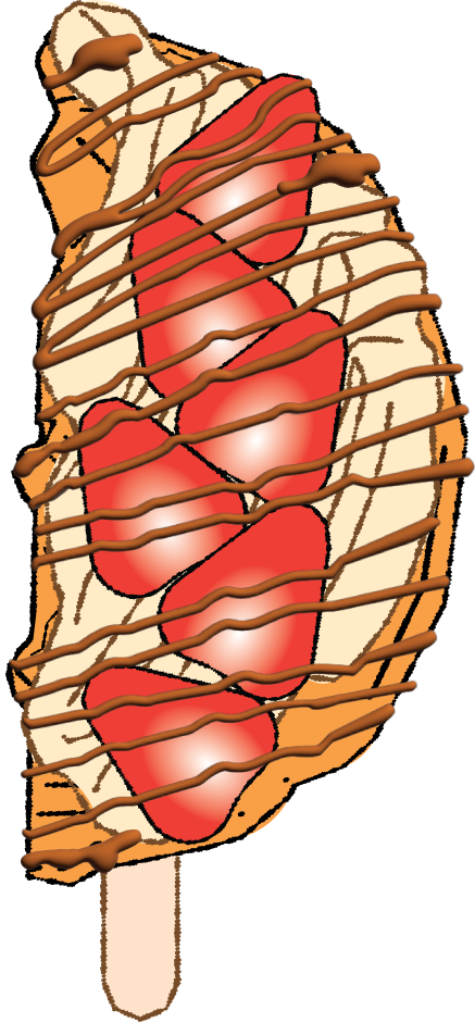 A hot dog in a bun topped with ketchup, mustard, and mayonnaise, wrapped with a crisscross drizzle of mustard, mayonnaise, and ketchup.