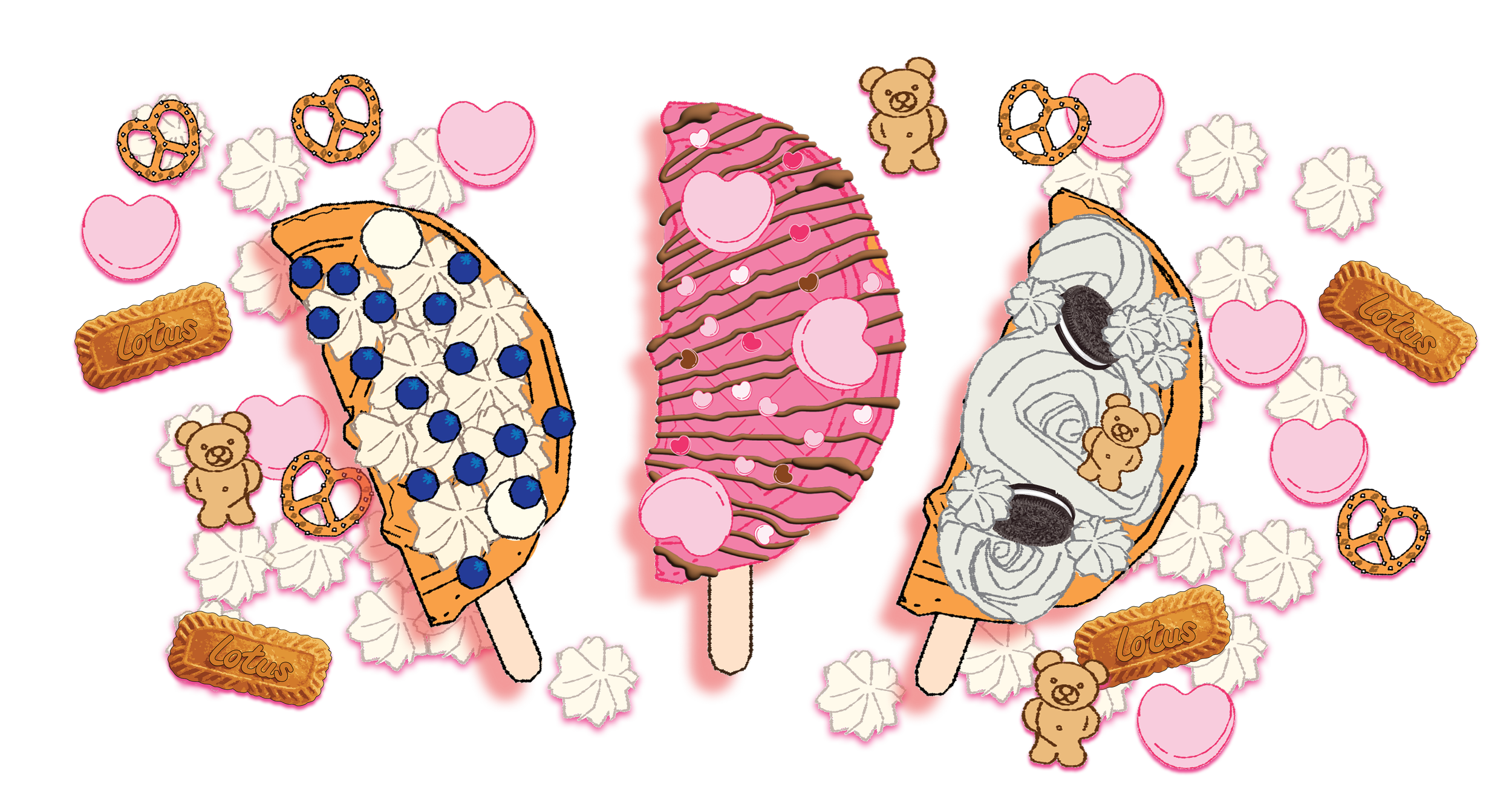 Colorful illustrations of three ice cream bars with various toppings, surrounded by cookies, hearts, and teddy bear and peace sign shaped decorations.