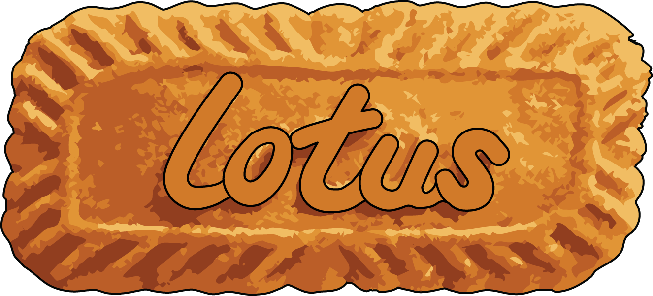 Digital illustration of a rectangular Lotus biscuit with textured edges and the word 'Lotus' written in cursive in the center.