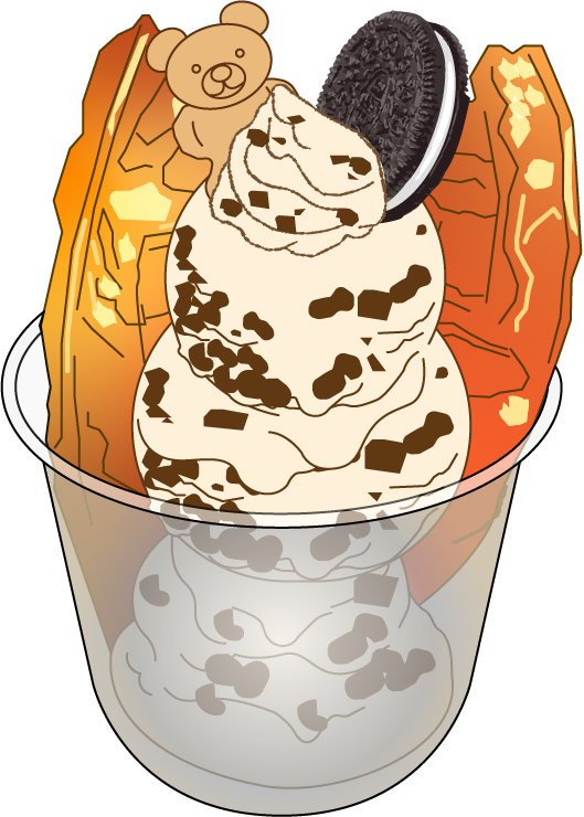 An ice cream sundae with three scoops of vanilla ice cream topped with chocolate sprinkles, two bacon strips, a cookie, and a teddy bear-shaped cookie on a glass cup.