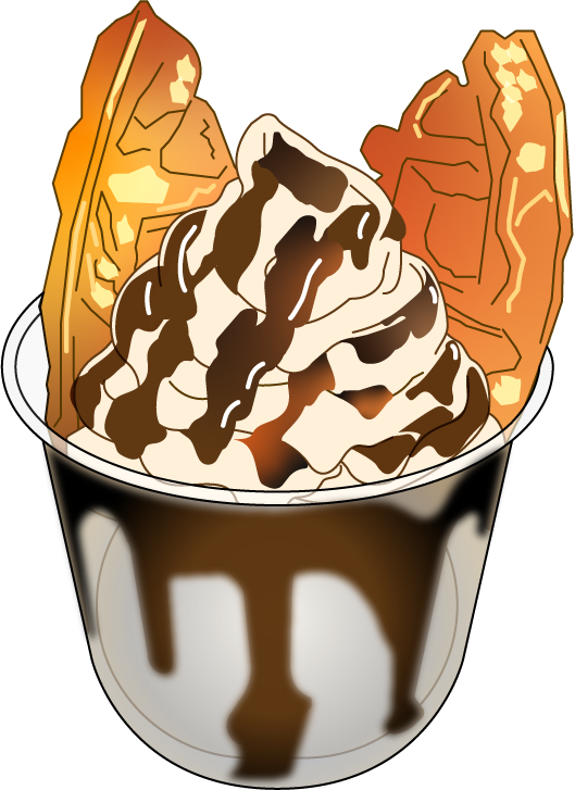 Illustration of a cup of ice cream topped with chocolate syrup, garnished with two cookie sticks.