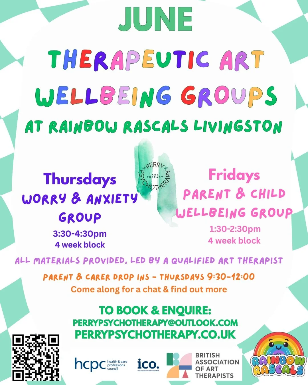 🌈 June Therapeutic Art Wellbeing Groups at Rainbow Rascals Livingston 🎨

Bookings are now live!

Book your place now via link on homepage or via website 

💜 Worry &amp; Anxiety Group (Thursdays, 3:30&ndash;4:30pm)
A supportive therapeutic art grou