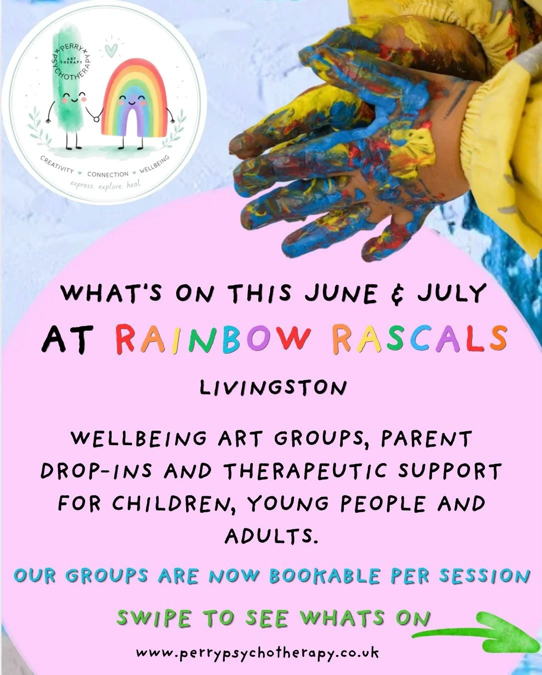 🌈 June &amp; July at Rainbow Rascals, Livingston 🎨

Join us for therapeutic art and wellbeing support for children and families this summer.

✨ FREE Parent Drop-Ins
📅 Thursdays 9:30am&ndash;12pm

✨ Children&rsquo;s Anxiety &amp; Worry Group
📅 Thu