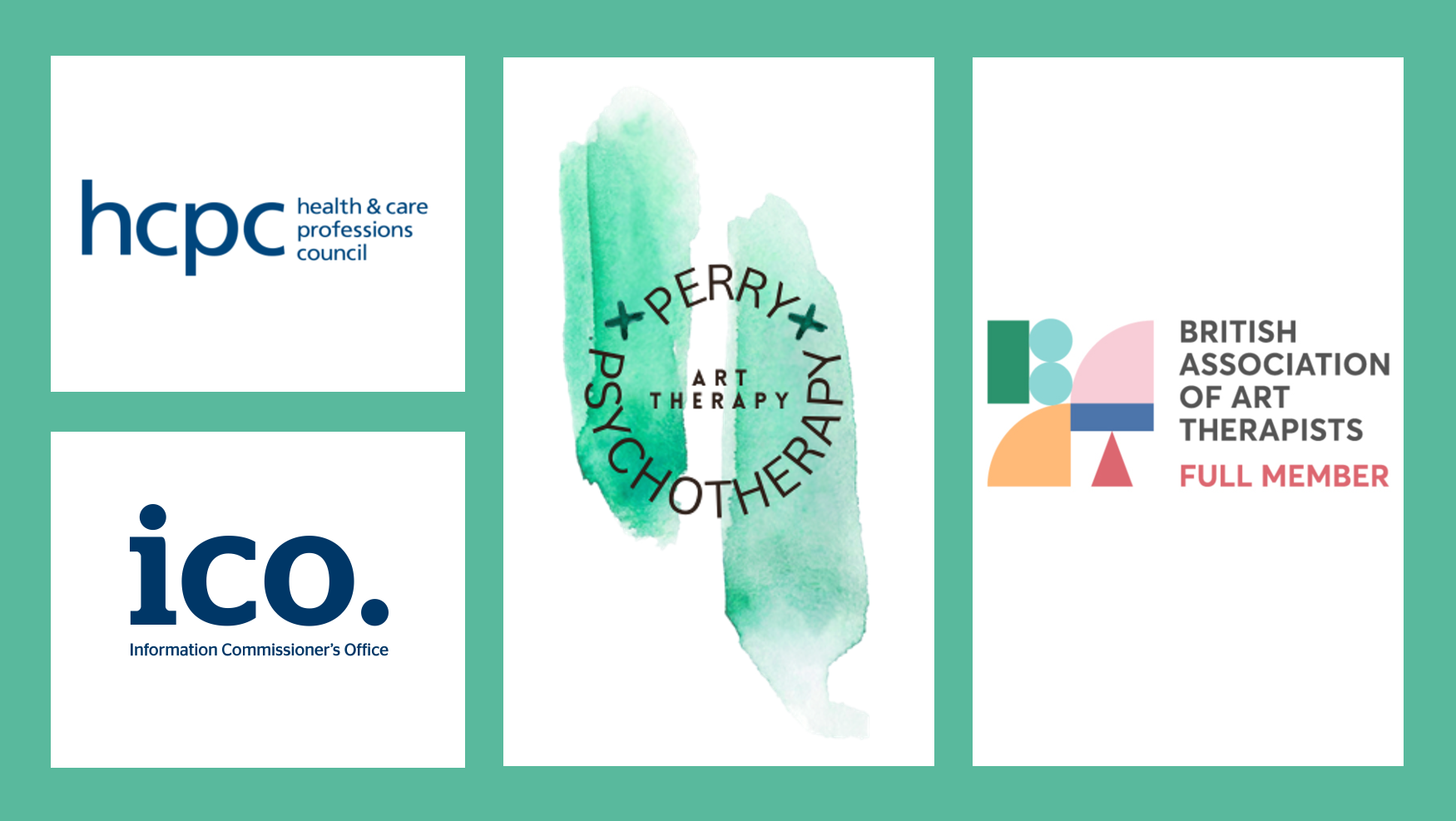 HCPC health and care professions council logo. Bottom left: ICO Information Commissioner’s Office logo. Perry PSYCHOTHERAPY ART THERAPY  British Association of Art Therapists