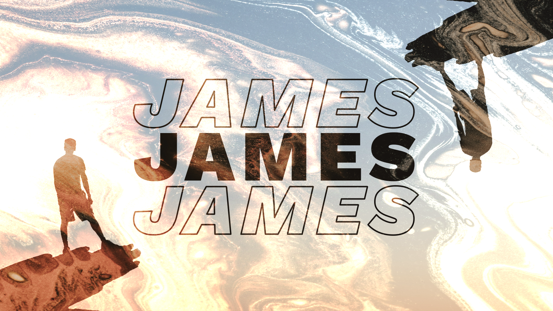 A vibrant abstract background with swirling patterns in pink, orange, yellow, blue, and white. The word 'JAMES' is repeated three times in bold, outlined text, with the middle instance filled in solid black.