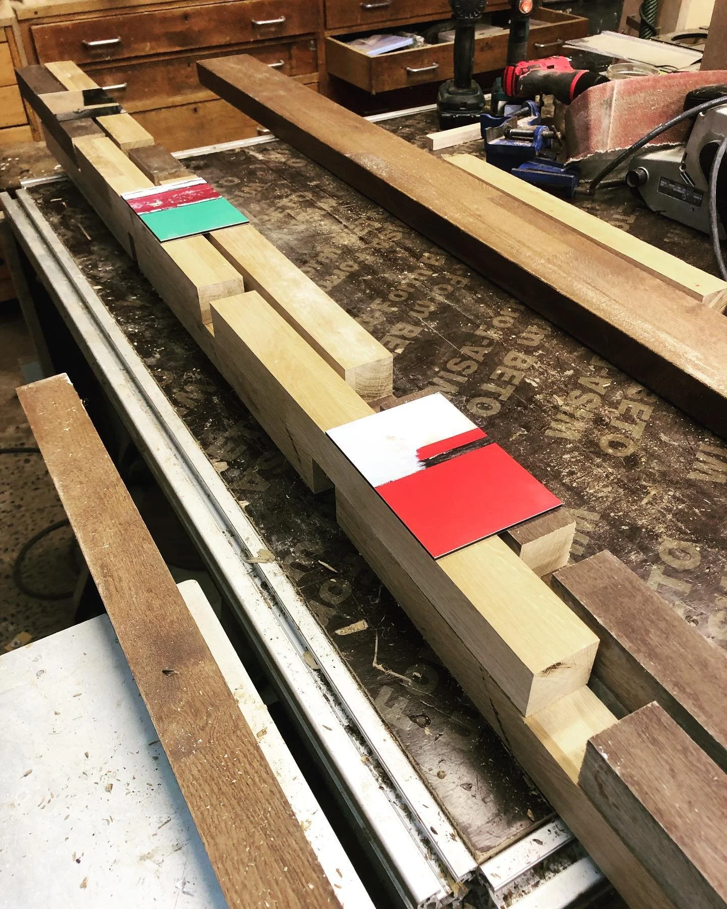 TOTEM2. #work-in-progress. laying it out on the bench. #non-site, #nowhere, #ur-time, #totem. #benchwork, #photo-fit, #alldonebymirrors, #benchtop, #tryout, #lay-out, #layout, #sitespecific, #location,