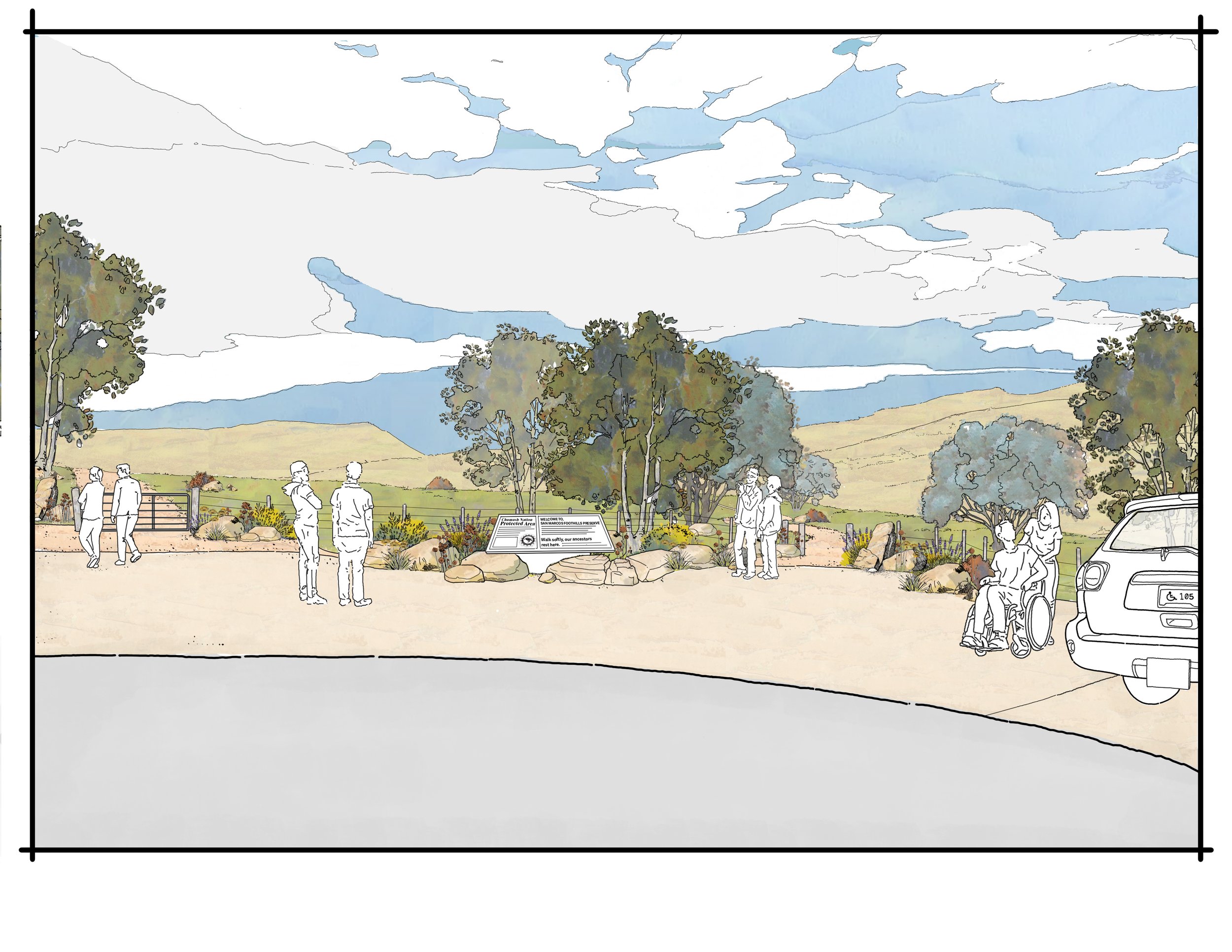 The proposed landscape design for the San Marcos Foothills Preserve seeks to create an inclusive, welcoming, and immersive entrance to the preserve that reflects the natural beauty and cultural heritage of the site. 