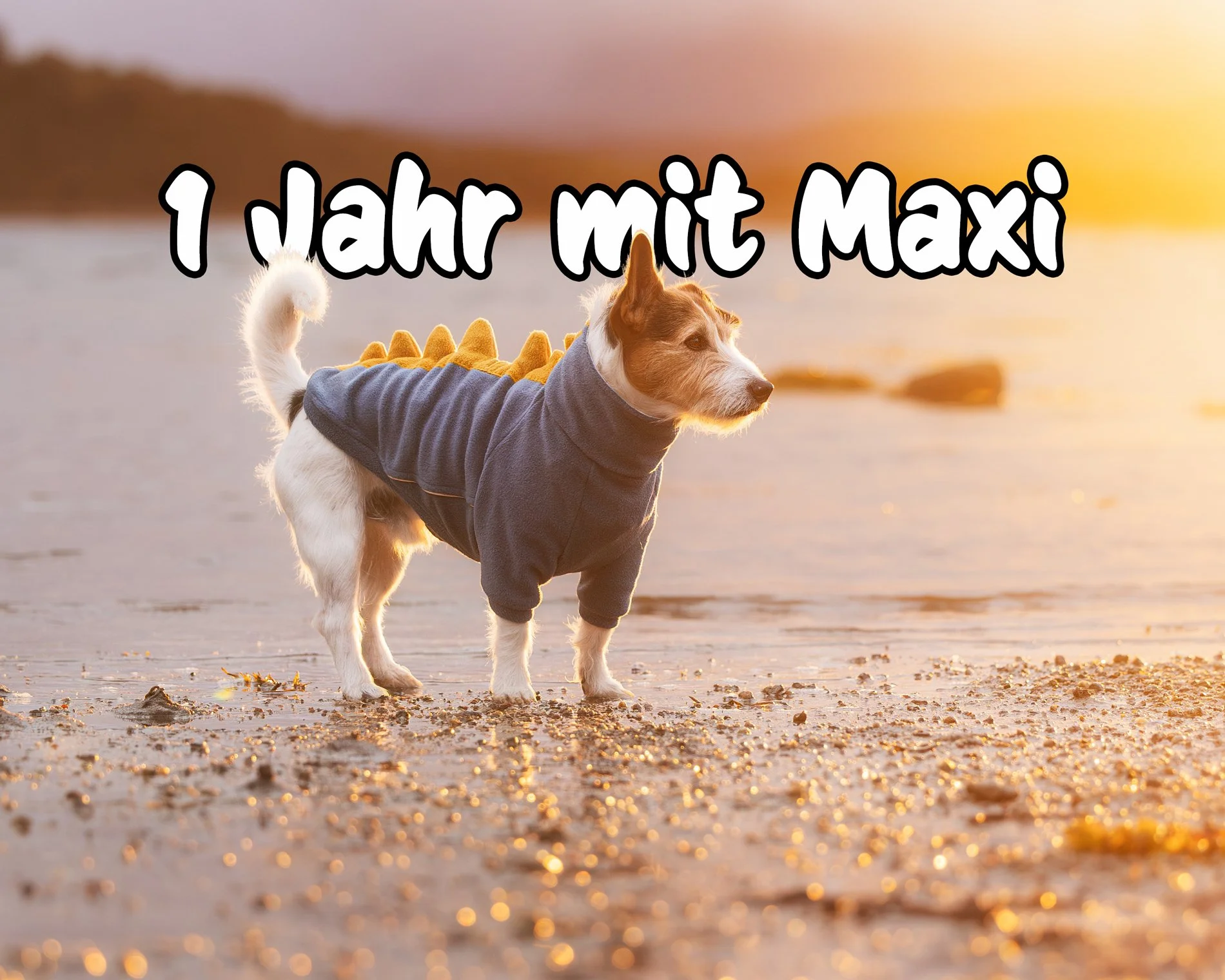 Ein Hund steht während eines Outdoor Fotoshootings am Strand und im Hintergrund geht die Sonne unter.