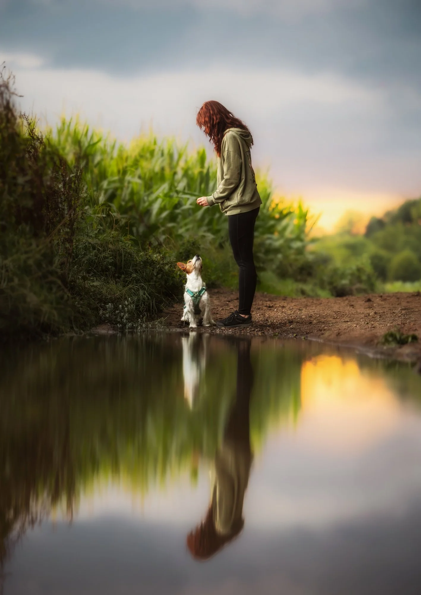 Eine Frau steht vor ihrem Hund und beide sehen sich an. Da sie vor einer Pfütze stehen spiegelt sich die Situation im Wasser. Februar 2026.
