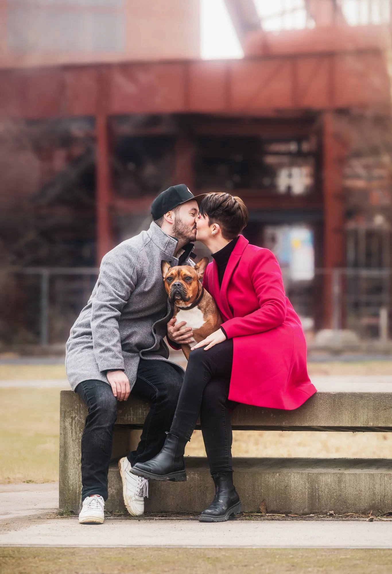 Ein paar genießt einen schönen Moment und küsst sich, während ihr Hund auf dem Schoß sitzt und direkt in die Kamera schaut.