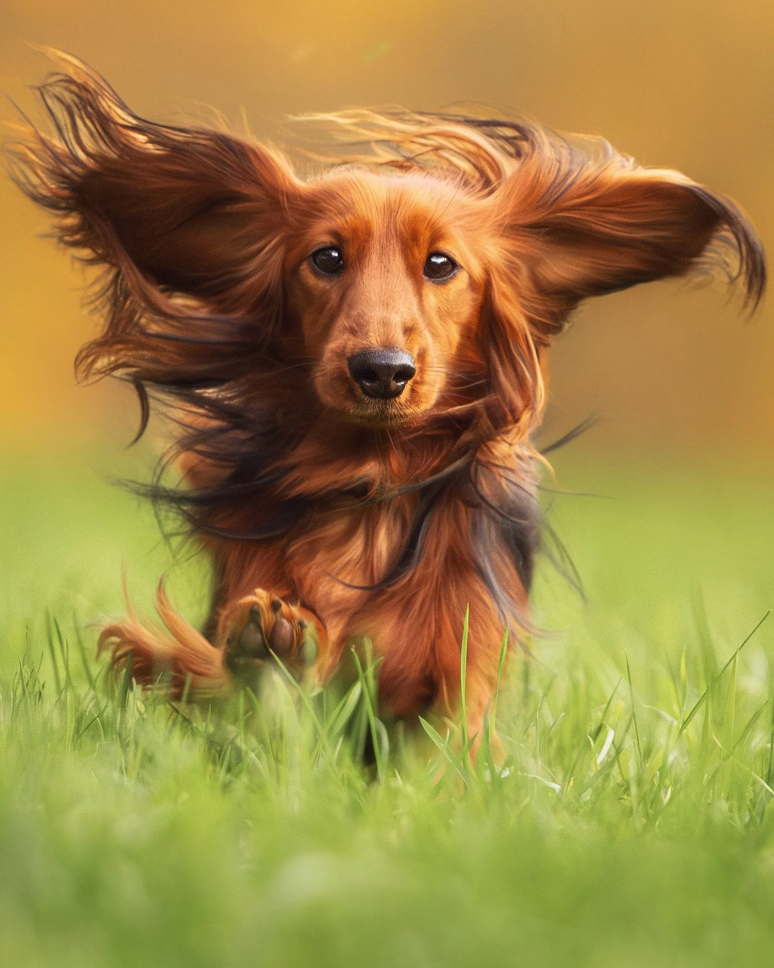 Ein kleiner Hund wurde während eines Fotoshootings für Hunde beim Rennen fotografiert. Dabei wehen die langen Haare und Ohren im Wind.