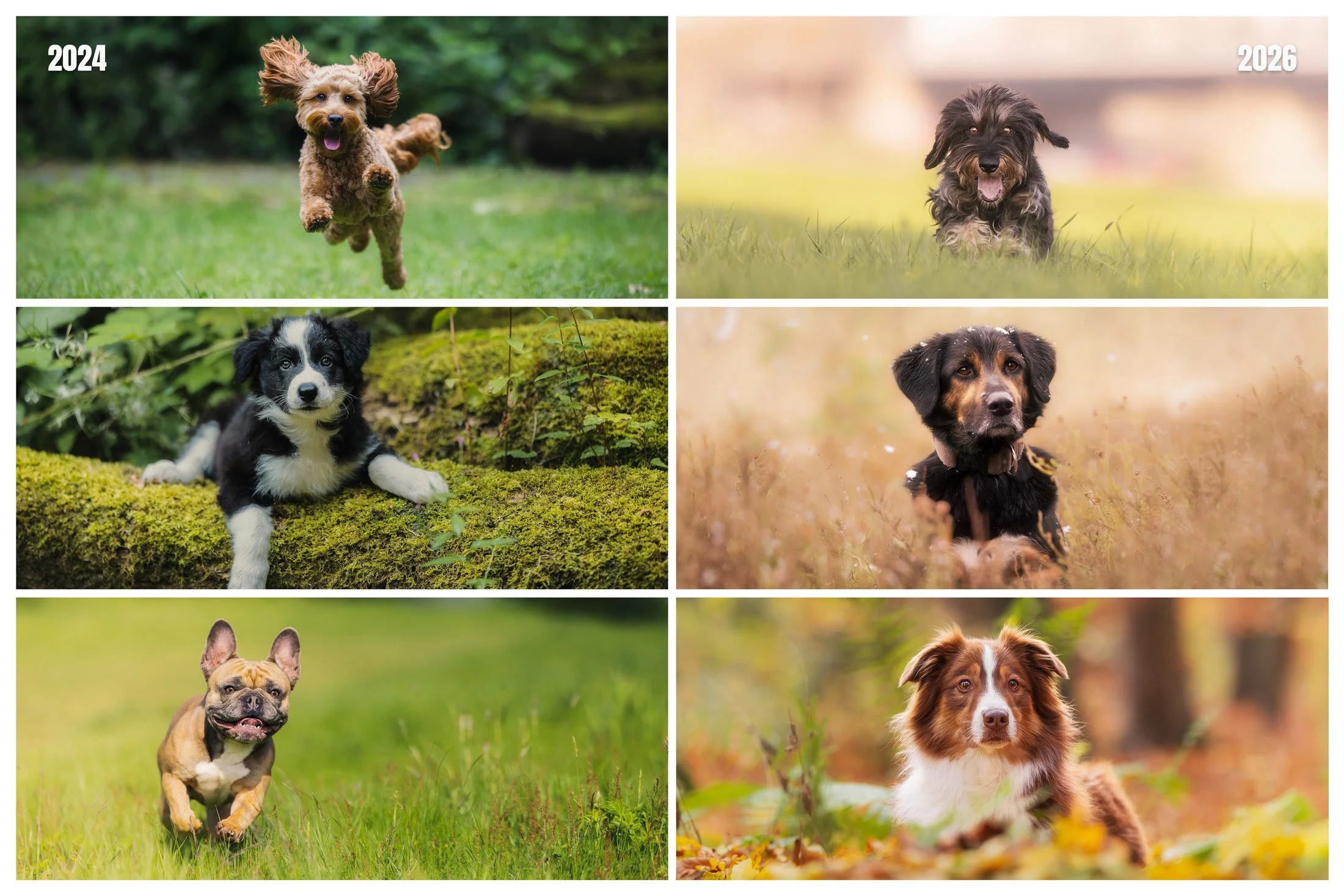 Eine Gegenüberstellung von Hundefotos, die der Autor zu Beginn seiner Karriere 2024 gemacht hat und Fotos, die aus dem Jahr 2026 sind.