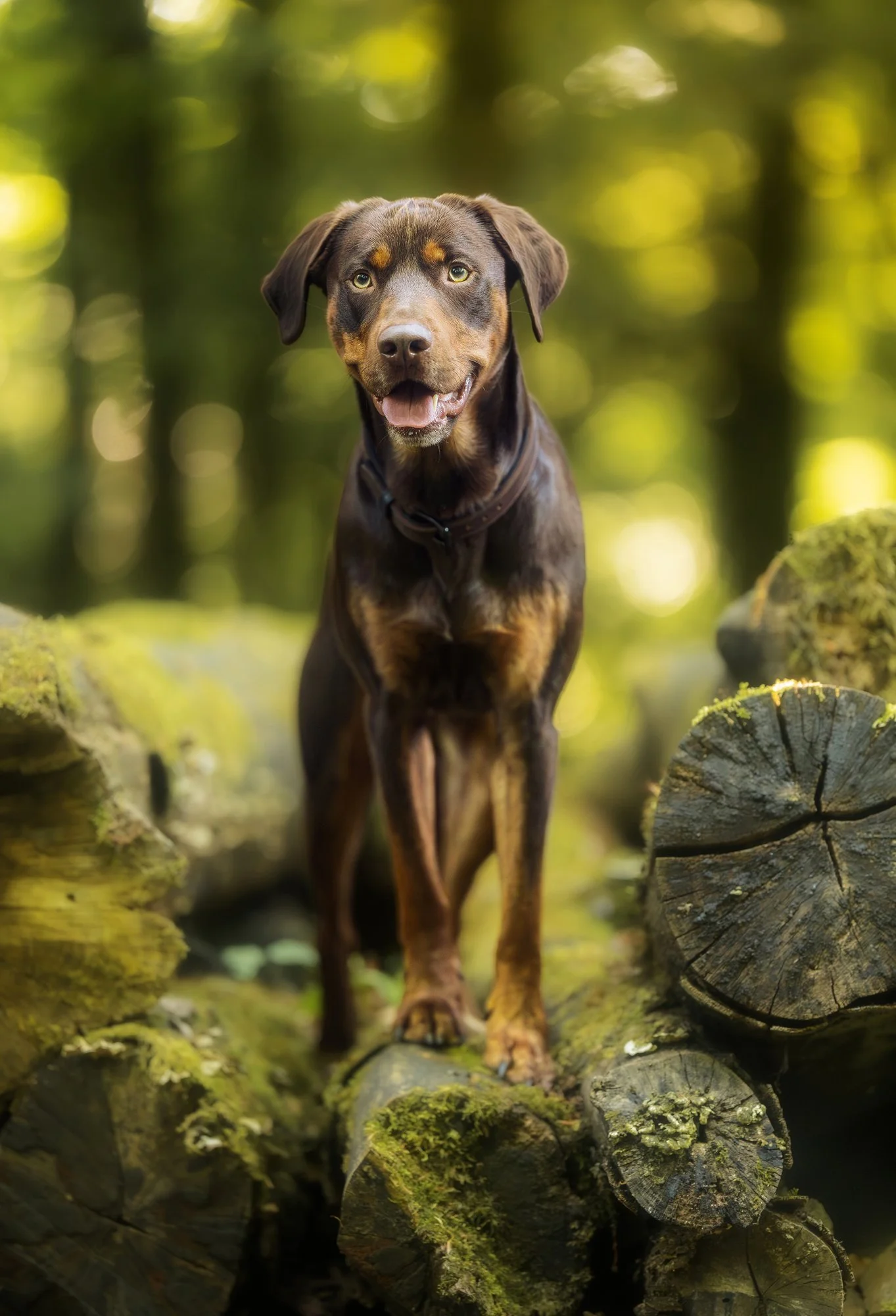 Ein großer und schöner Hund steht auf einem Stapel Baumstämme während eines Hundefotoshootings.