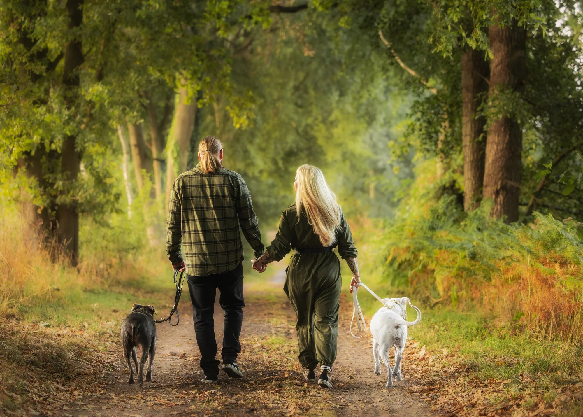 Ein Paar und ihre beiden Hunde laufen während eines Outdoor Fotoshootings in den Wald und sind dabei von hinten zu sehen. März 2026.