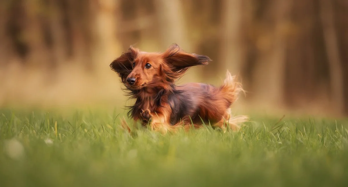 Ein kleiner Hund mit langem Fell rennt während eines Fotoshootings über eine Wiese.