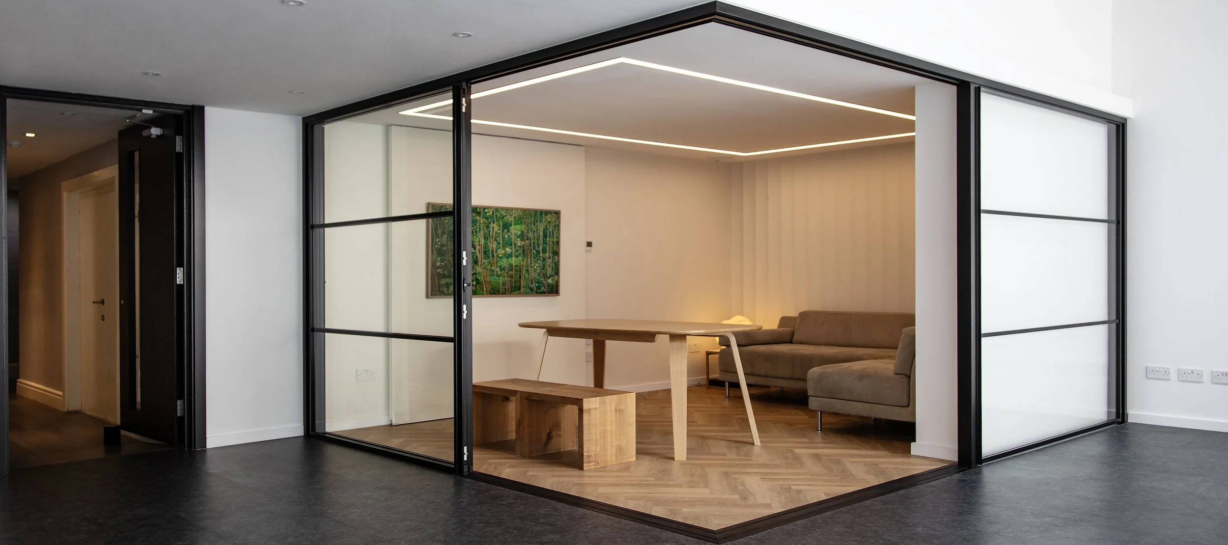 podcasting room, tv lounge with a glazed partition at Shutters Studios in Acton West London