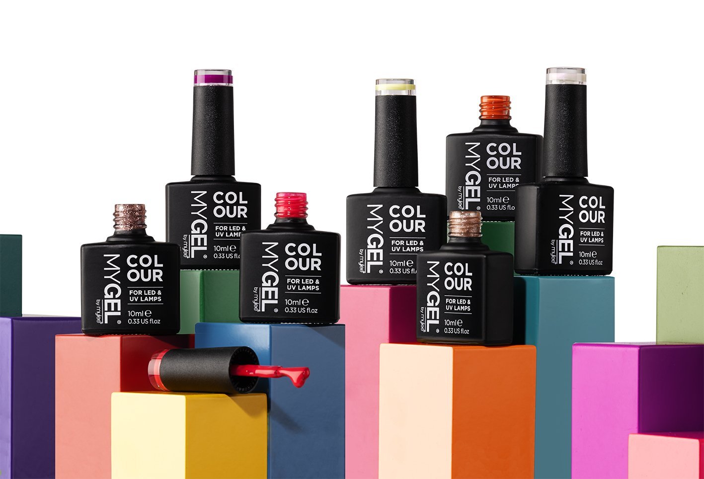 Creative photography for Mylee gel nail polish on colourful blocks by Shutters Photography London