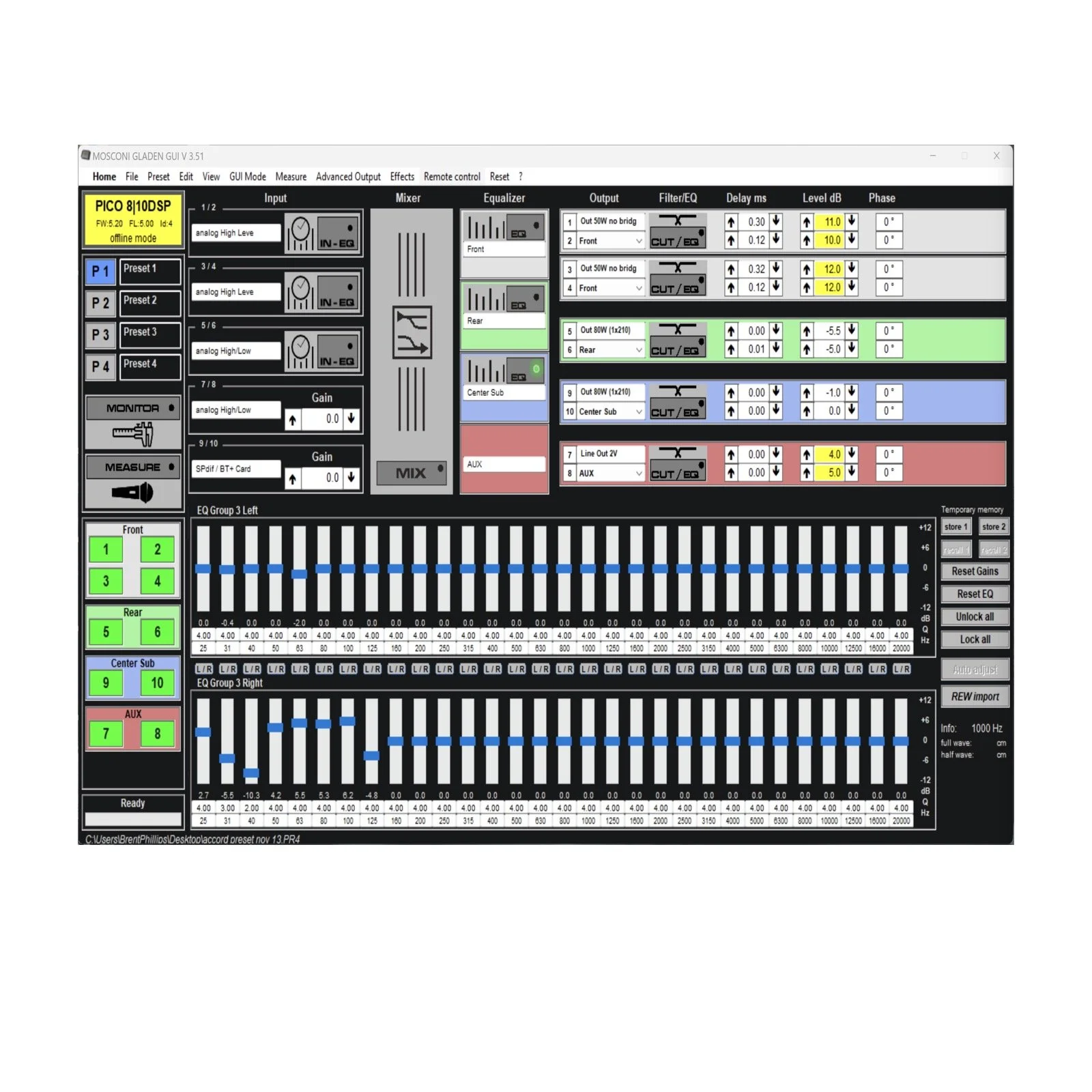 Audio mixing console with various sliders, buttons, and meters, featuring highlighted controls and color-coded sections for audio channels.