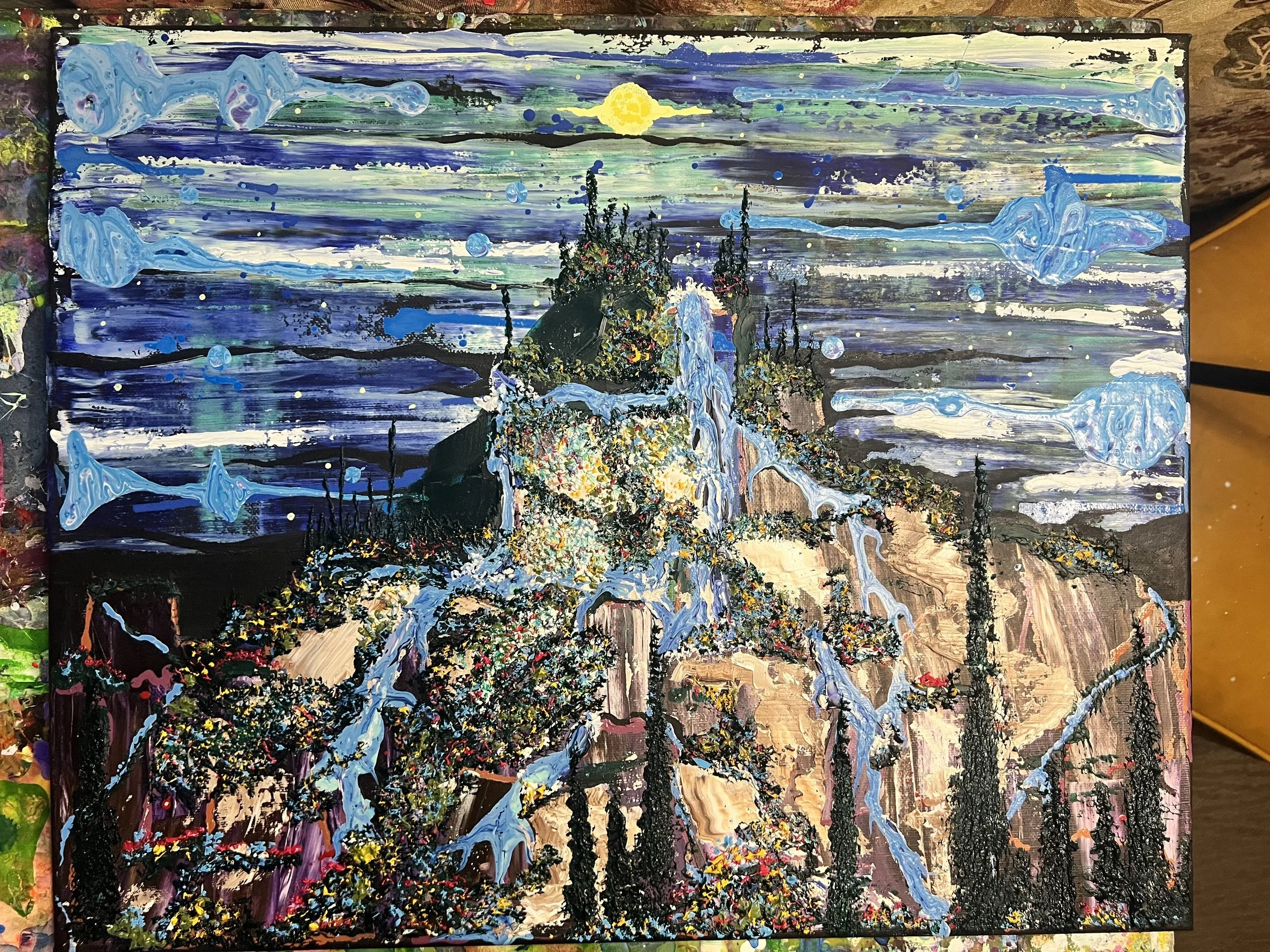 Moonrise over Waterfalls and Mountain