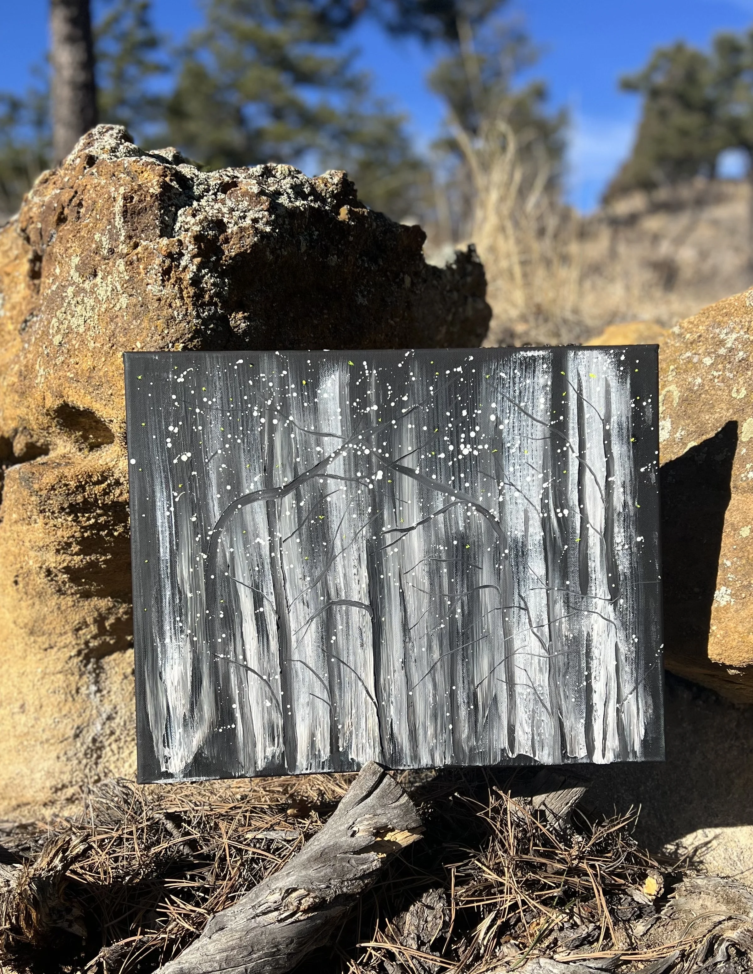 Aspen Trees. Snow Fall and Fire Flies.