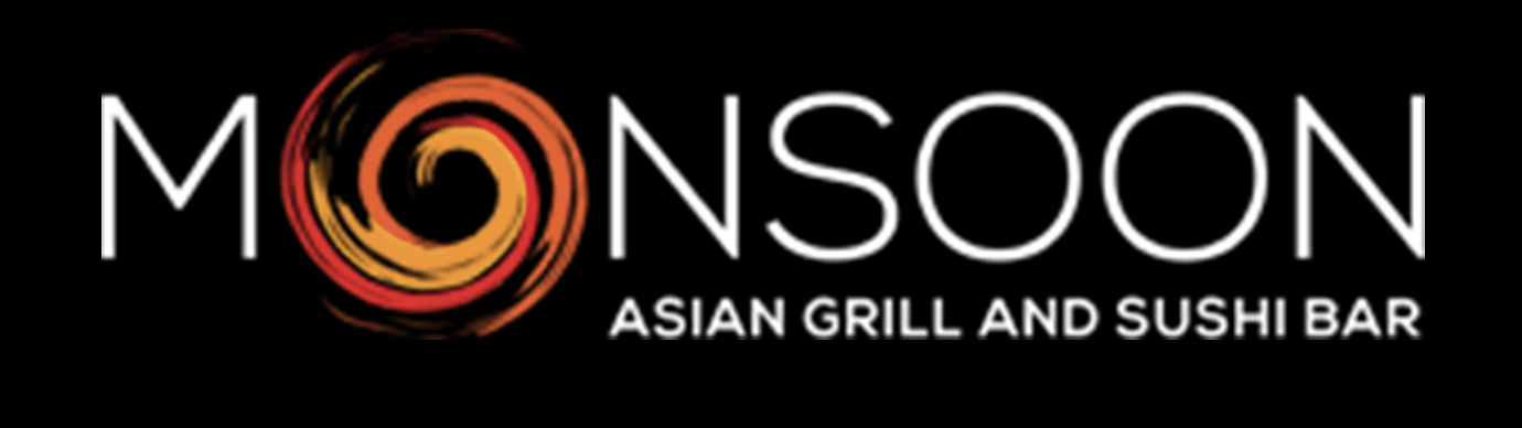 Logo of Monsoon Asian Grill and Sushi Bar with a swirl graphic in red, orange, and yellow.