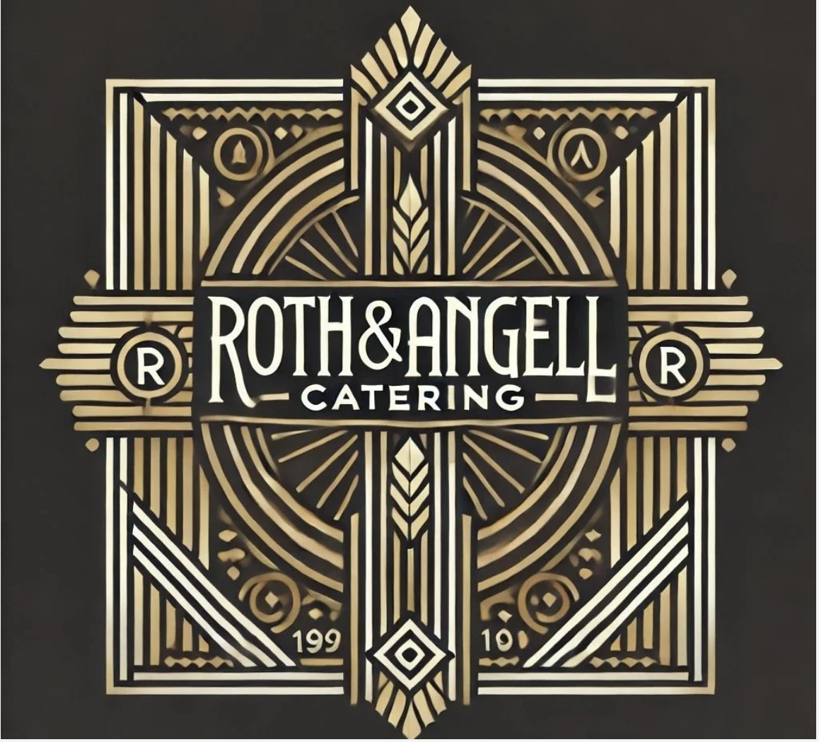 Logo for Roth & Angell Catering featuring intricate gold geometric and line art on a black background.