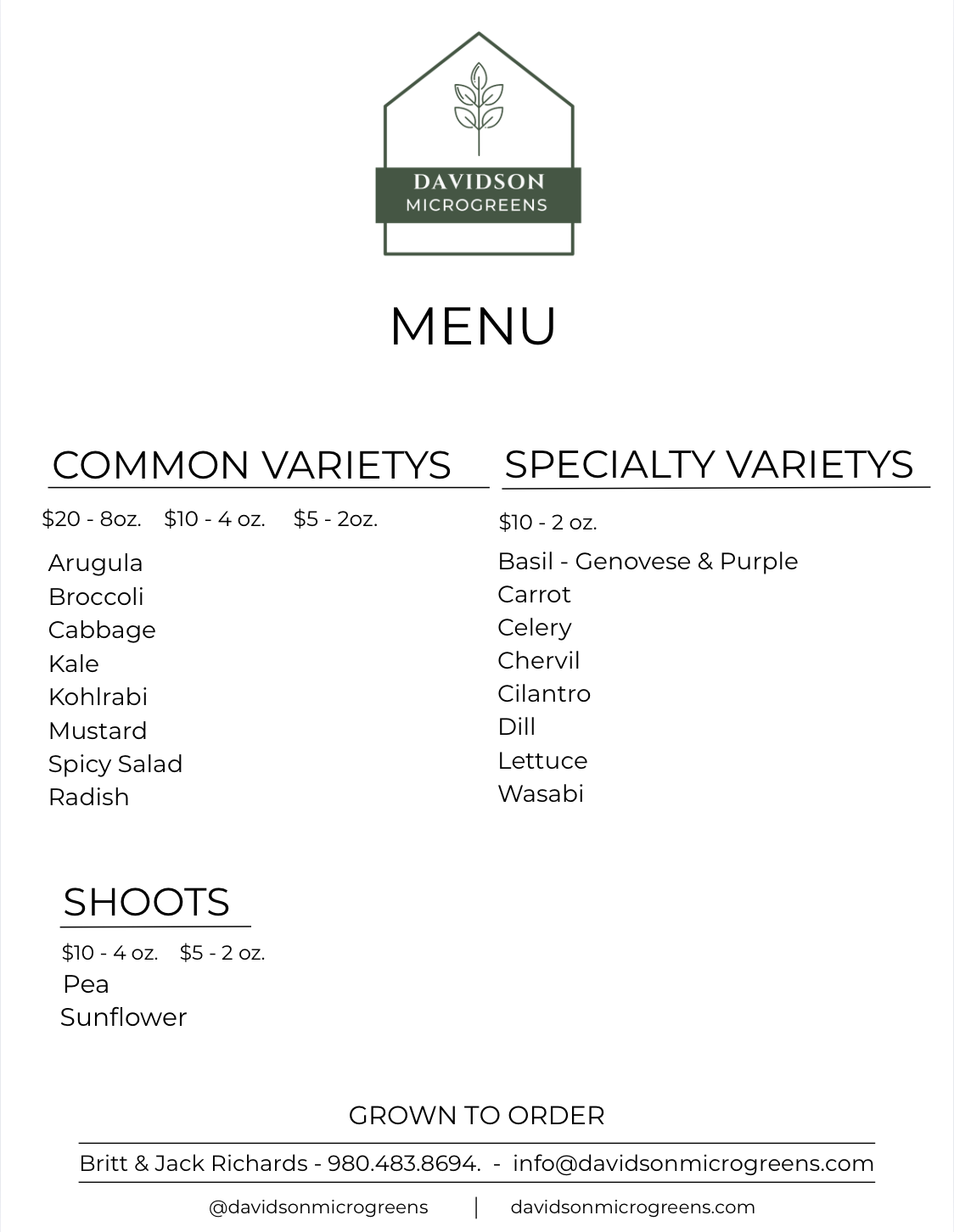Menu for Davidson Microgreens featuring common and specialty greens, with prices and contact information.