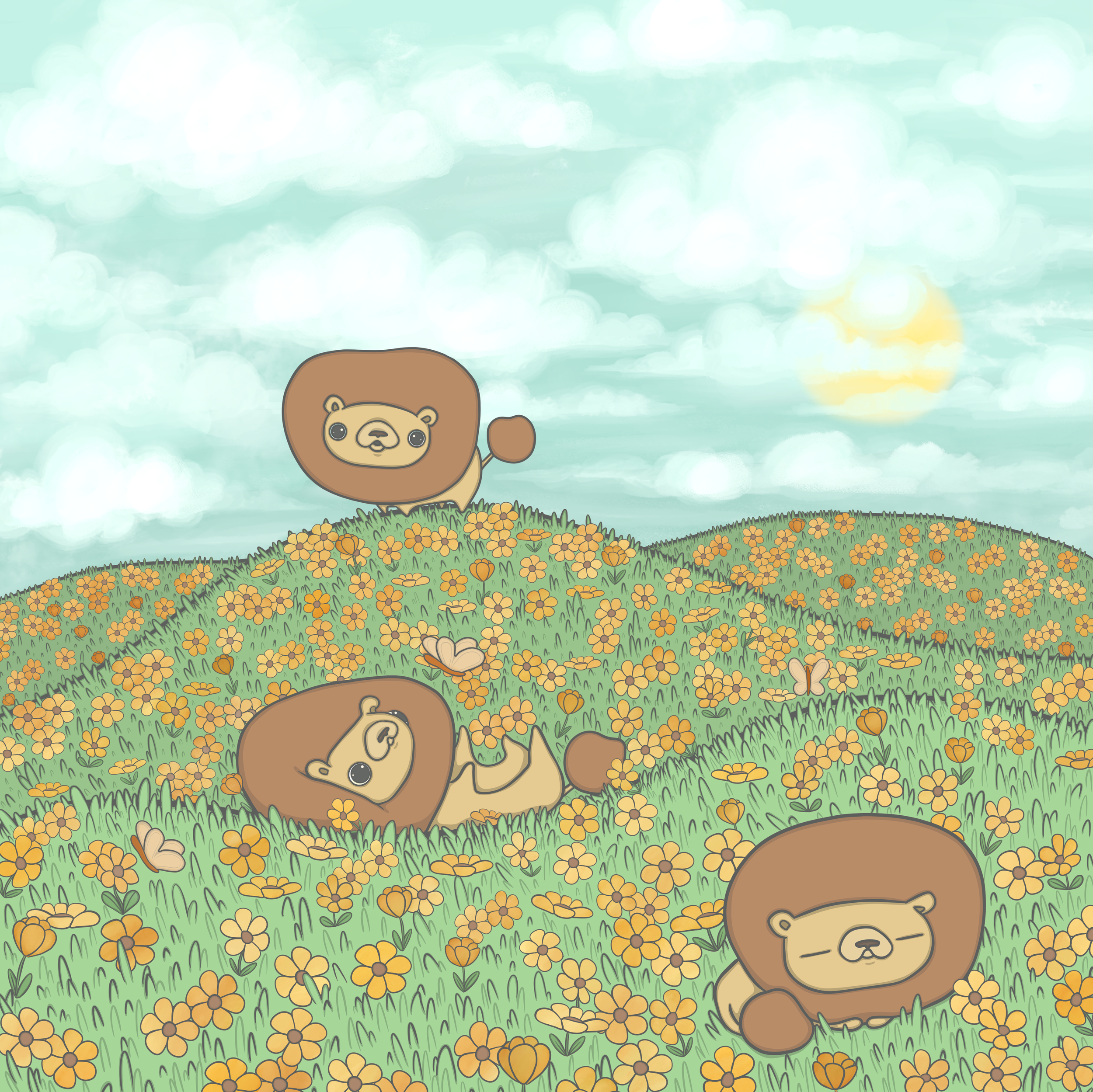 three lions playing in a field of flowers