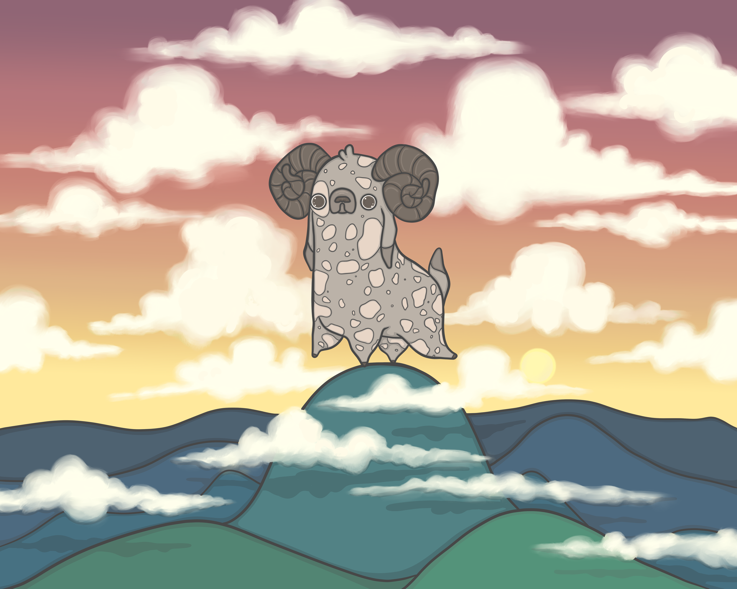 ram on top of a hill with a rainbow skyline